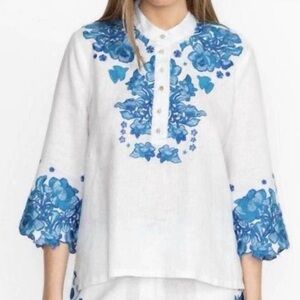 Johnny Was Jade Womens Elly Camilla Blue & White Embroidered Linen Top Size M